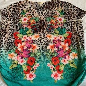 Lovingly worn Chico’s size 3 multi color and leopard blouse.